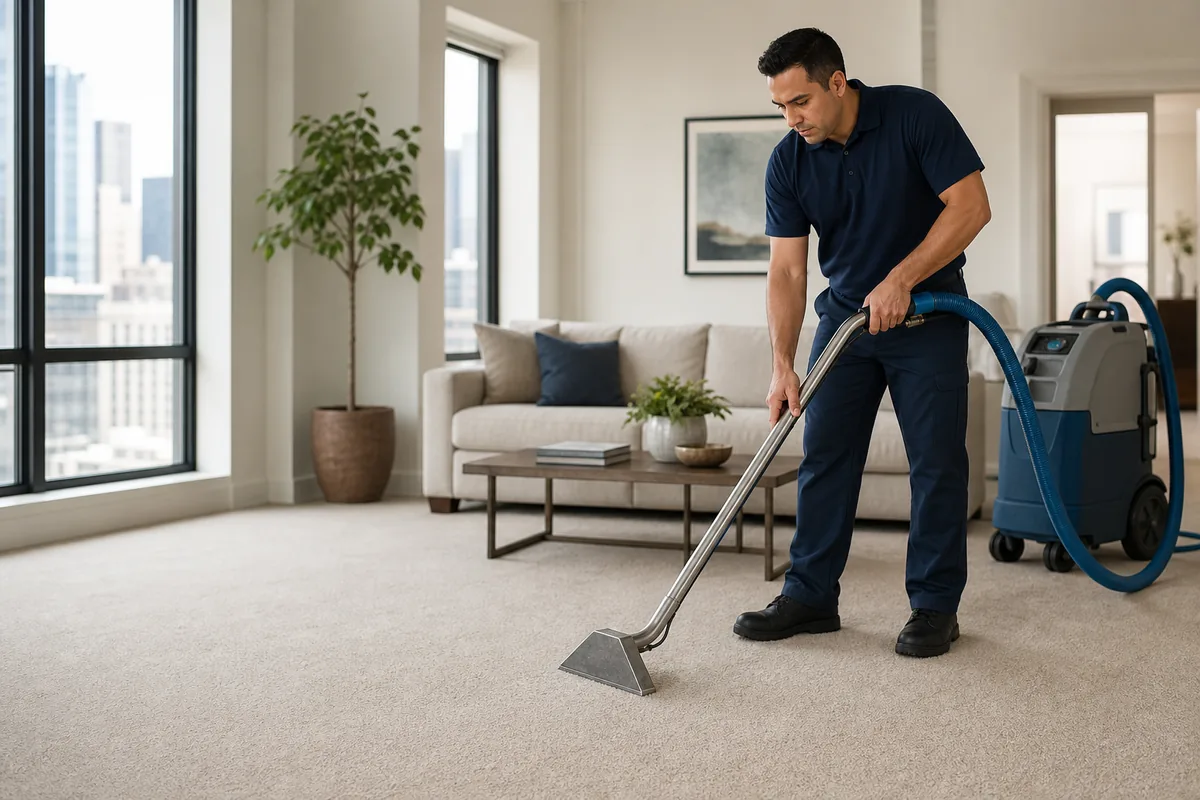 Technician reviewing carpet, rug, and upholstered furniture in a furnished Hammond living room