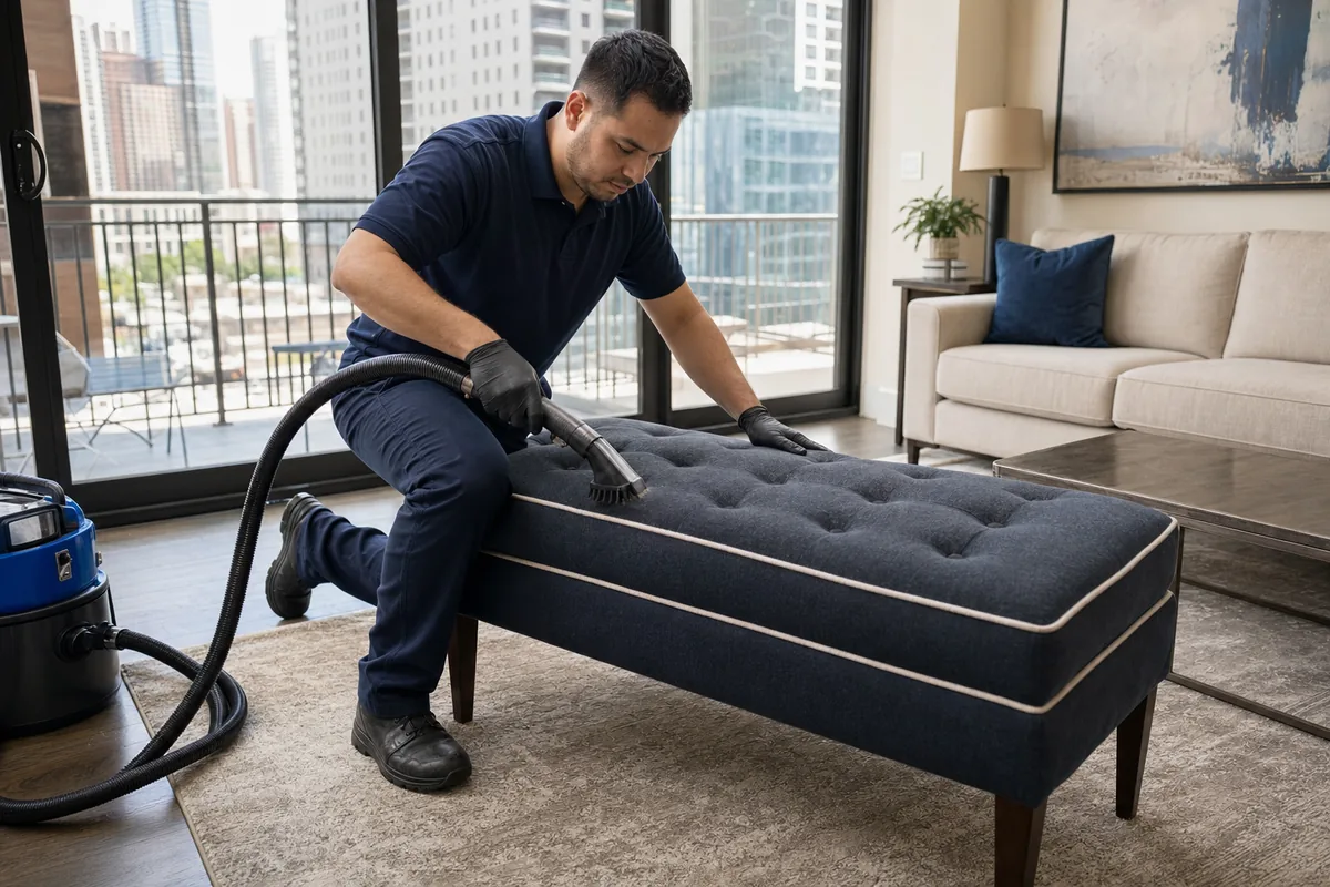 Technician detailing pet hair from buttons and piping on an upholstered bench