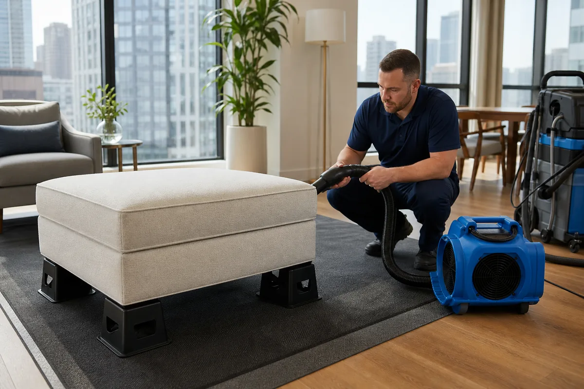 Ottoman positioned on protective blocks with airflow reaching the cleaned sides