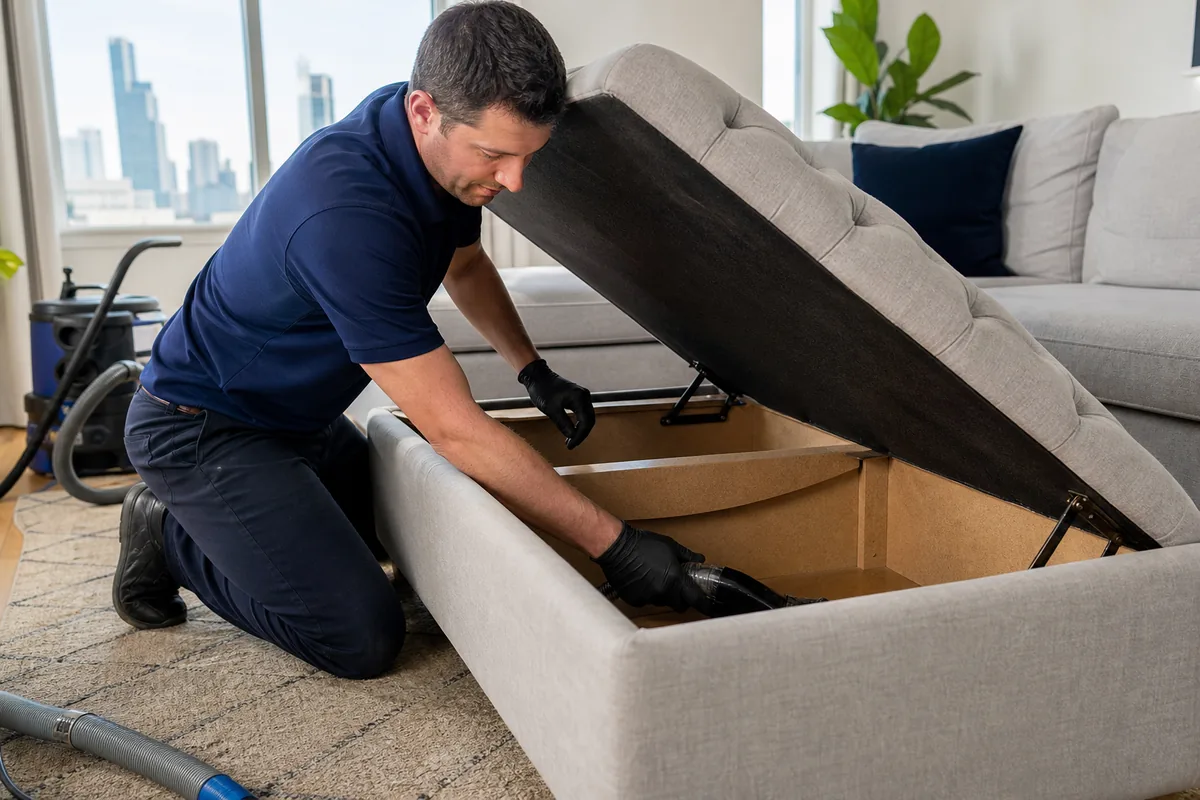 Tufted storage ottoman open for construction inspection in a Hammond living room