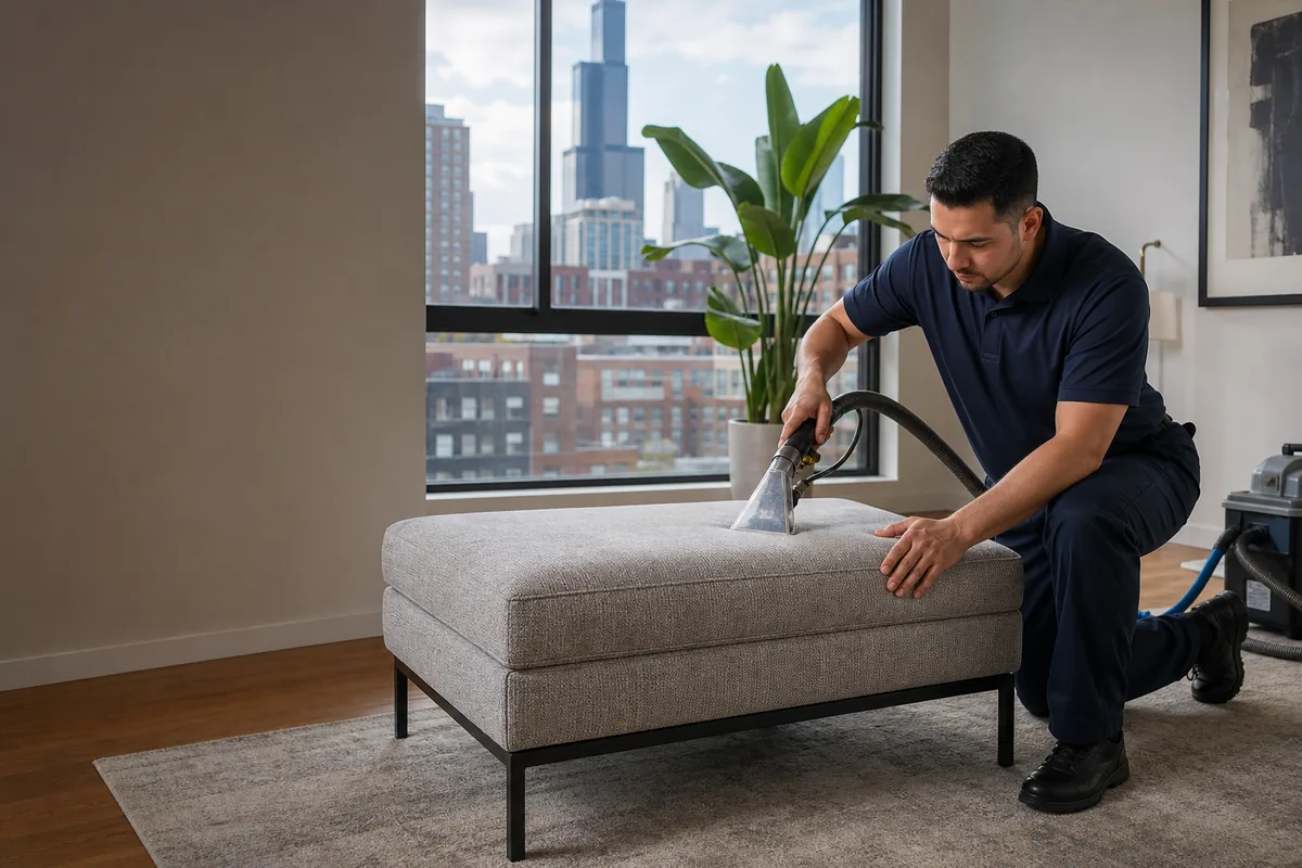 Tufted storage ottoman open for construction inspection in a Hammond living room