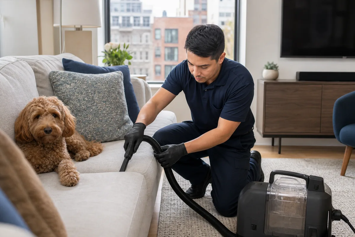 Technician removing pet hair from sofa seams before moisture is introduced