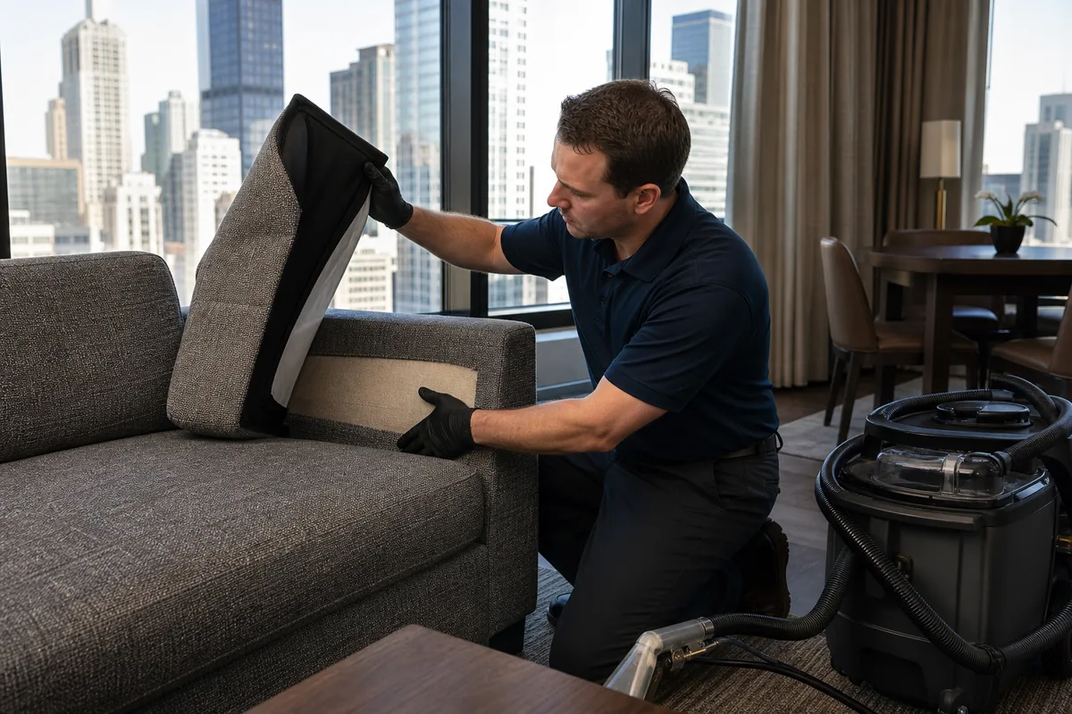 Technician comparing a high-contact arm with protected upholstery behind a cushion