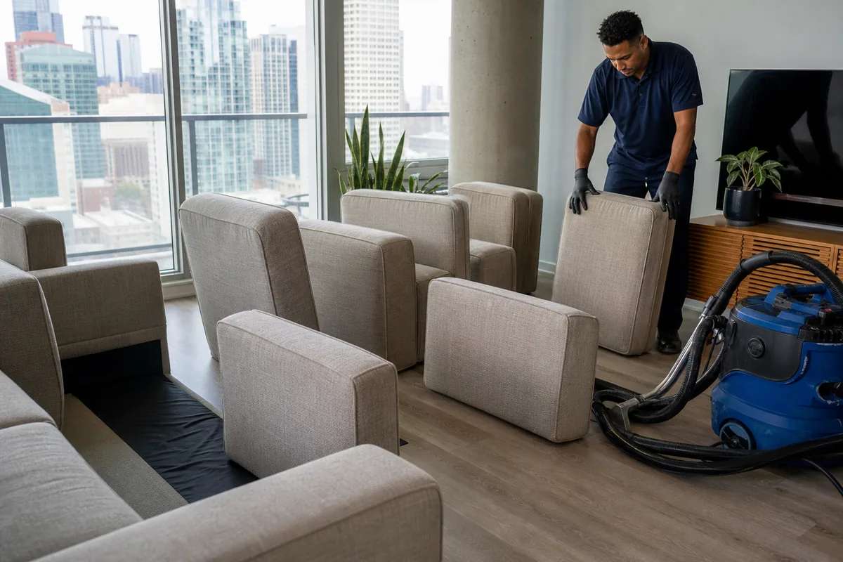 Mixed-fiber sectional cushions spaced upright in a Northwest Indiana condo for drying