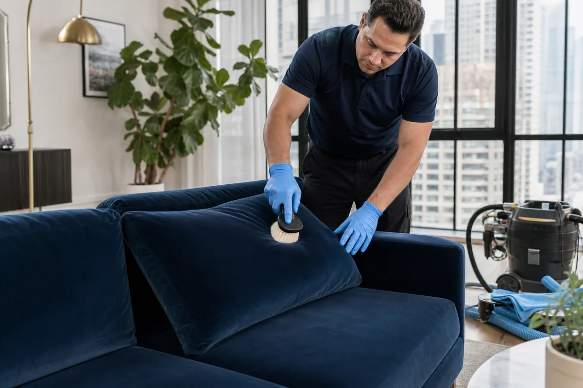 Velvet cushion gently groomed with no pressure from neighboring cushions during drying