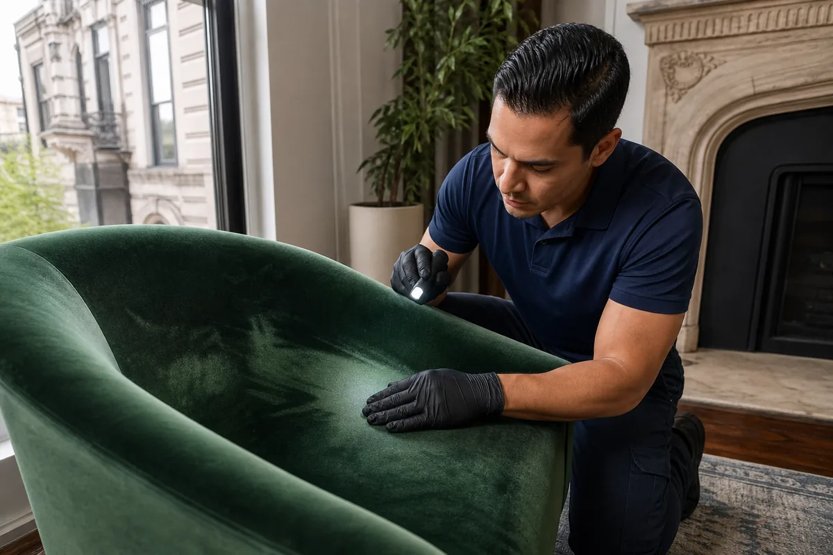 Emerald velvet chair in a Hammond greystone with directional pile visible in window light