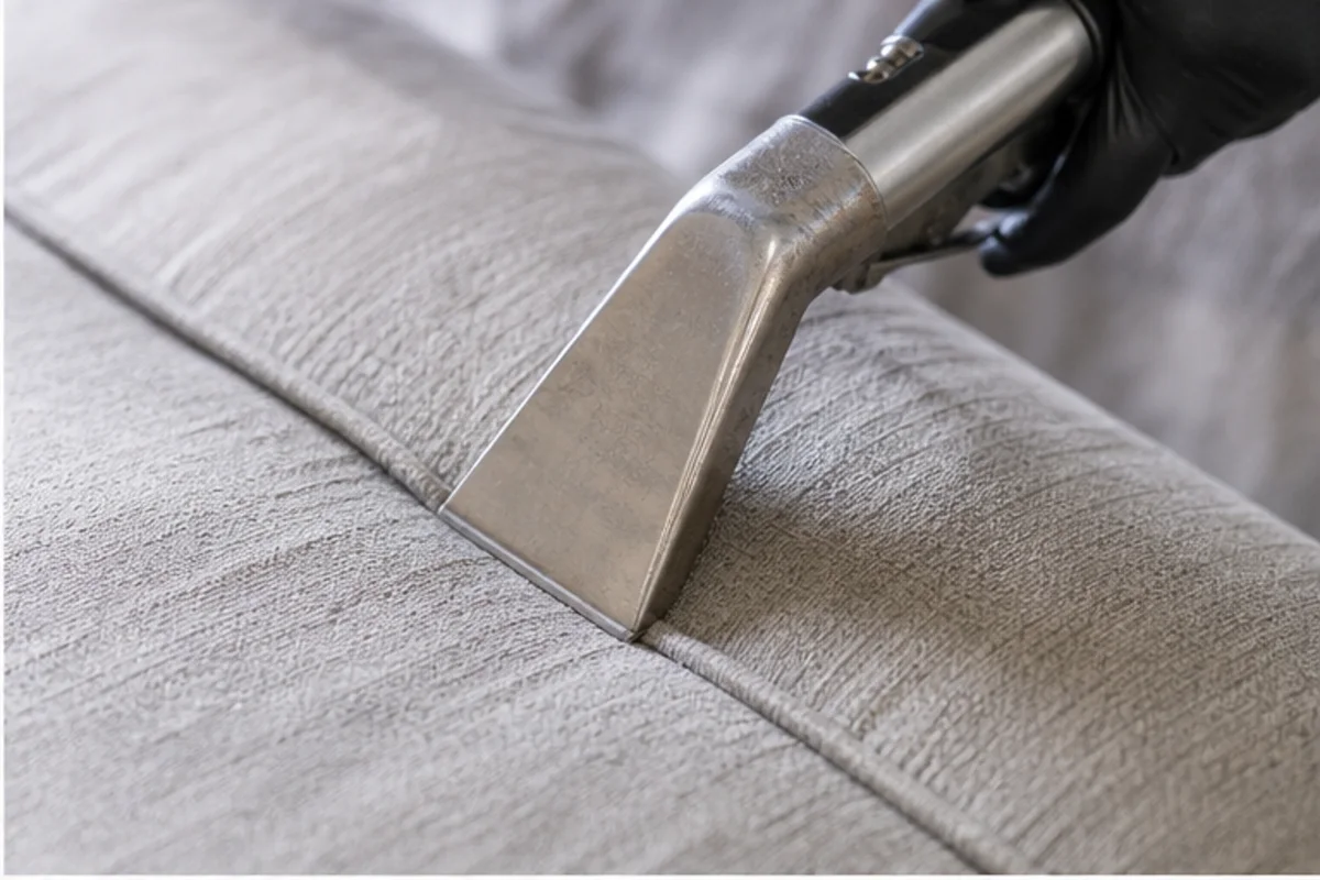 Close professional detail of upholstery cleaning assessment in a Griffith home
