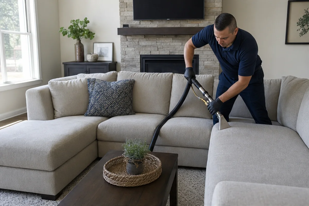 A well-kept family room with a fabric sofa and natural window light in a Munster home for upholstery cleaning