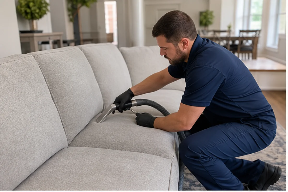 A well-kept family room with a fabric sofa and natural window light in a St. John home for upholstery cleaning