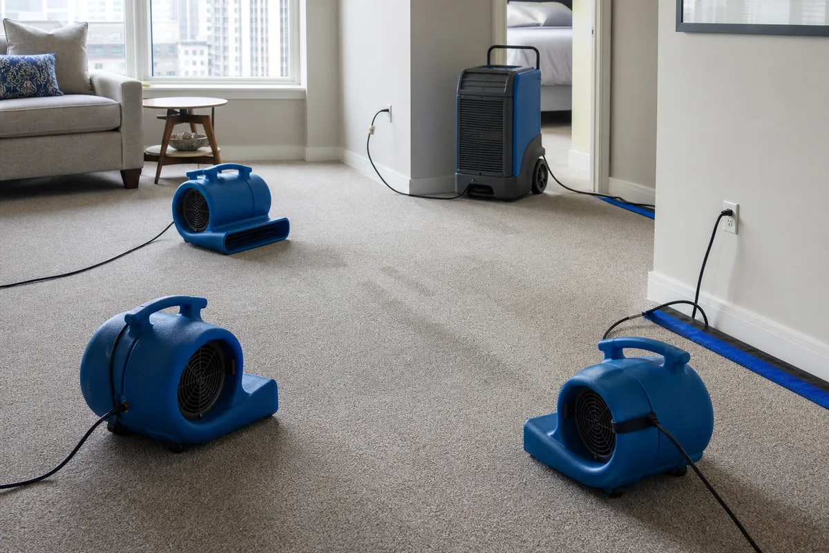 Air movers and moisture assessment tools arranged for controlled carpet drying