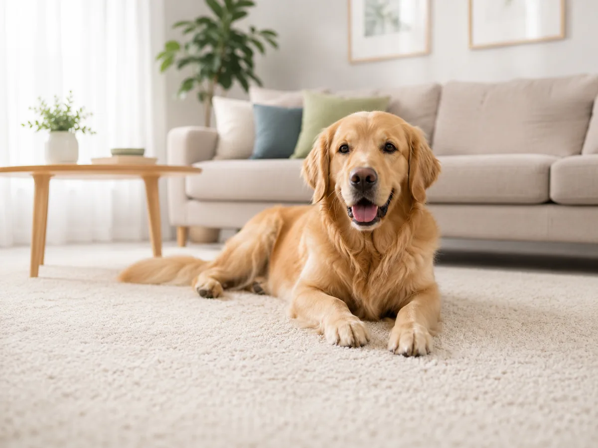 Golden retriever relaxing on clean carpet in a bright family room