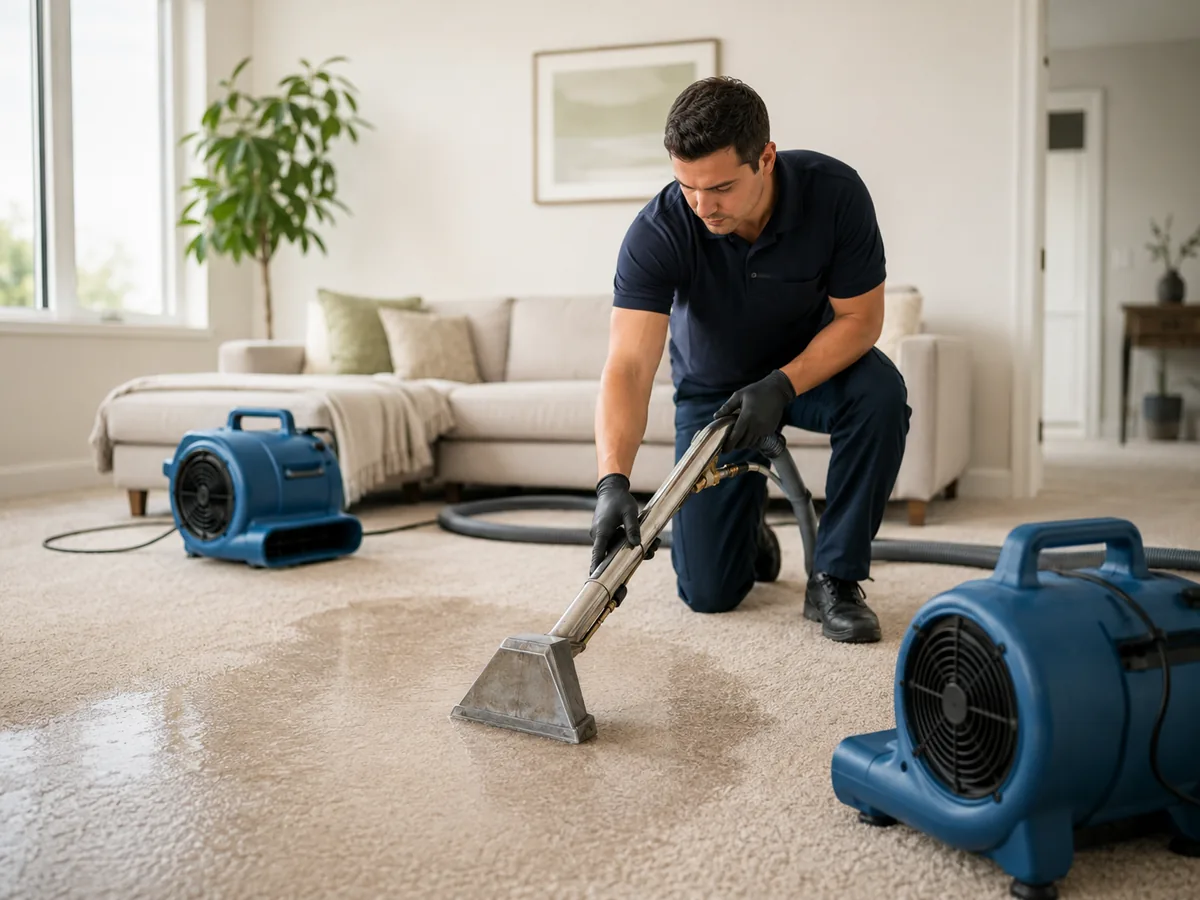 Professional water extraction equipment working on wet carpet
